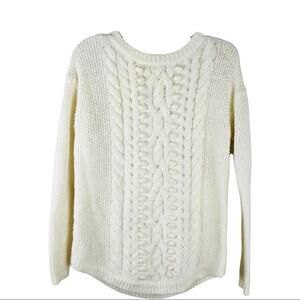 Talbots cream wool pom pom cable knit crew neck mixed knit round hem sweater